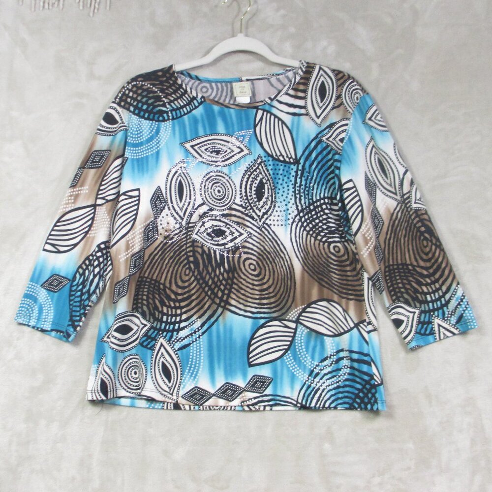 Jess & Jane Geometric Embellished Stretch Top Multicolor 3/4 Sleeve Size M